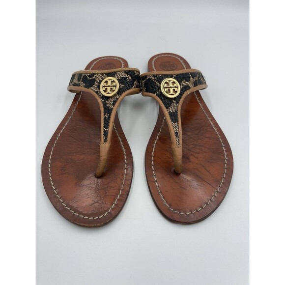 Tory Burch Cameron Leopard Thong Sandals Women’s 8 Leather Gold Emblem - Picture 2 of 5